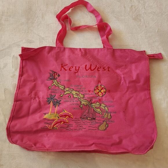 Pink Embroidered Key West Canvas Zippered Shopping Bag - Picture 1 of 10